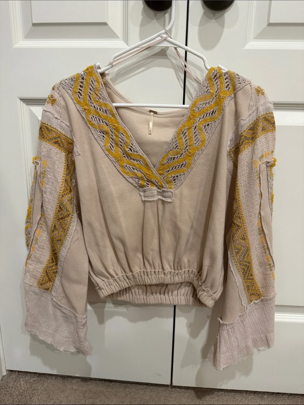 Free People Beige V-Neck Blouse with Mustard Embroidery XS